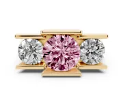 Fancy Pink Round Cut Diamond Three-Stone Channel Set Ring Set in Yellow gold with Smooth Polished Band
