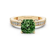 Fancy Green Cushion Cut Diamond Solitaire Ring Set in Yellow gold with Slim Pavé Band and Prong Setting