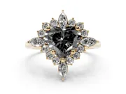 Fancy Black Heart Cut Diamond Cluster Halo Ring Set in Yellow gold with Marquise and Round Accents