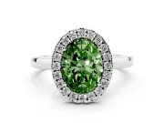 Fancy Green Oval Cut Diamond Halo Solitaire Ring Set in Platinum with Pavé Band and Prong Setting
