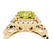 Fancy Yellow Princess Cut Diamond Halo Ring Set in Yellow gold with Scrollwork Band and Prong Setting