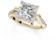 Princess Cut Vintage Cathedral Engagement Ring Setting | Carved Band | Yellow Gold