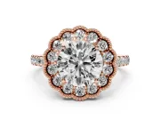 Round Vintage Milgrain Floral Halo Engagement Ring Setting | Pavé Band | Rose Gold
