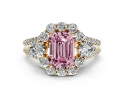 Emerald Cut Scalloped Halo Engagement Ring Setting for a Fancy Pink Lab-Grown Diamond | Pear Side Stones | Yellow Gold
