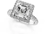 Asscher Cut Diamond Milgrain Floral Halo Engagement Ring Set in White gold with Pavé Band