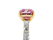 Fancy Pink Cushion Cut Diamond Solitaire Set in Yellow gold with Side Baguettes and Channel Set Band