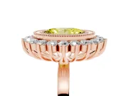 Fancy Yellow Oval Cut Diamond Halo Ring Set in Rose gold with Milgrain Edge and Round Prong Setting