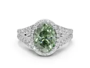 Oval Halo Pavé Engagement Ring Setting for a Fancy Green Lab-Grown Diamond | Narrow Split Shank | Sterling Silver