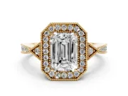Emerald Cut Diamond Halo Engagement Ring Set in Yellow gold with Milgrain Pavé Band