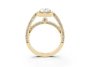 Oval Cut Diamond Halo Pavé Split Shank Ring Set in Yellow gold with Prong Setting