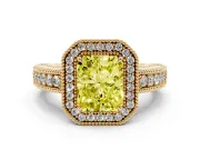 Fancy Yellow Radiant Cut Diamond Halo Ring Set in Yellow gold with Round Accent Halo, Pavé Band and Prong Setting