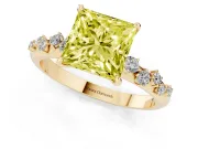 Fancy Yellow Princess Cut Diamond Cluster Solitaire Ring Set in Yellow gold with Prong Setting