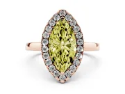 Fancy Yellow Marquise Cut Diamond Halo Solitaire Ring Set in Rose gold with Pavé Band and Prong Setting