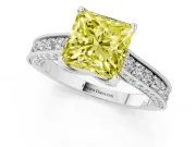Fancy Yellow Princess Cut Diamond Solitaire Ring Set in Silver with Milgrain-Edged Pavé Band and Prong Setting
