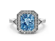 Fancy Blue Radiant Cut Diamond Halo Engagement Ring Set in Platinum with Milgrain Pavé Band