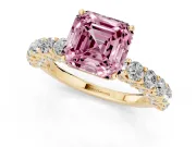 Fancy Pink Asscher Cut Diamond Solitaire Ring Set in Yellow gold with Shared Prong Pavé Band