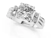 Three-Stone Cushion Cut Diamond Channel Set Ring Set in White gold with Bar Prongs