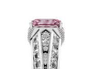 Fancy Pink Emerald Cut Diamond Vintage-Inspired Milgrain Ring Set in Platinum with Accent Split Shank