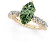 Fancy Green Marquise Cut Diamond Solitaire Ring Set in Yellow gold with Shared Prong Pavé Band