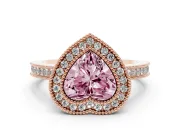 Fancy Pink Heart Cut Diamond Halo Ring Set in Rose gold with Pavé Band and Milgrain-Edged Prongs