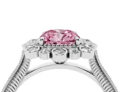 Fancy Pink Cushion Cut Diamond Halo Milgrain Pavé Ring Set in White gold with Prong Setting