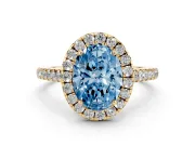 Oval Halo Engagement Ring Setting for a Fancy Blue Lab-Grown Diamond | Pave Shoulders | Yellow Gold