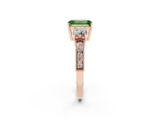 Fancy Green Emerald Cut Diamond Three-Stone Ring Set in Rose gold with Round Side Stones and Pavé Band