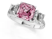 Asscher Cut Three Stone Engagement Ring Setting for a Fancy Pink Lab-Grown Diamond | Accented Shoulders | Platinum