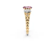 Fancy Pink Oval Cut Diamond Three-Stone Ring Set in Yellow gold with Braided Band