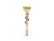 Fancy Yellow Emerald Cut Diamond Solitaire Ring Set in Rose gold with Ribbon Twist Band, Round Accents and Prong Setting