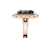 Fancy Black Emerald Cut Halo Round Diamond Solitaire Ring Set in Rose gold with Pavé Band and Prong Setting