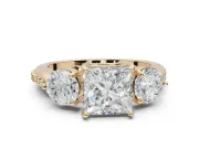 Princess Cut Three Stone Engagement Ring Setting | Tapered Pave Band | Yellow Gold