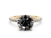 Fancy Black Round Cut Diamond Brilliant Solitaire Ring Set in Yellow gold with Pavé Band and Prong Setting