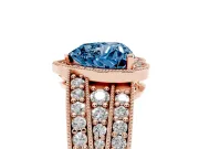 Fancy Blue Heart Cut Diamond Halo Ring Set in Rose gold with Accent Split Shank and Prong Setting