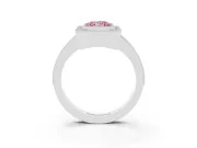 Fancy Pink Radiant Cut Diamond Halo Engagement Ring Set in White gold with Pavé Band and Round Halo Stones