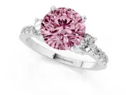 Round Three Stone Engagement Ring Setting for a Fancy Pink Lab-Grown Diamond | Pavé Band | Platinum
