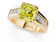 Fancy Yellow Asscher Cut Diamond Solitaire Ring Set in Yellow gold with Channel-Set Accent Stones and Prong Setting