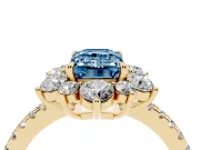 Fancy Blue Emerald Cut Diamond Floral Halo Ring Set in Yellow gold with Round Pavé Band and Prong Setting