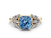 Fancy Blue Cushion Cut Diamond Cluster Leaf Design Ring Set in Yellow gold with Prong Setting