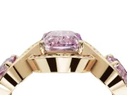 Radiant Cut Three Stone Halo Engagement Ring Setting for a Fancy Pink Lab-Grown Diamond | Pavé Wave Band | Yellow Gold