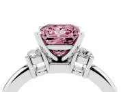 Fancy Pink Three-Stone Princess Cut Diamond Ring Set in White gold with Prong Setting and Plain Band