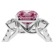 Fancy Pink Three-Stone Asscher Cut Diamond Pavé Band Ring Set in Platinum with Prong-Set Trio