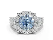 Round Halo Engagement Ring Setting for a Fancy Blue Lab-Grown Diamond | Side Clusters | White Gold