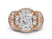 Radiant Cut Vintage Floral Halo Engagement Ring Setting | Engraved Milgrain Band | Rose Gold