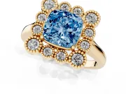 Cushion Cut Milgrain Cluster Halo Engagement Ring Setting for a Fancy Blue Lab-Grown Diamond | Plain Band | Yellow Gold