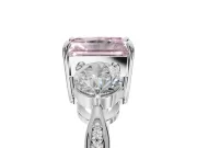 Radiant Cut Three Stone Engagement Ring Setting for a Fancy Pink Lab-Grown Diamond | Tapered Pave Band | Platinum
