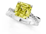Fancy Yellow Asscher Cut Diamond Twist Band Solitaire Set in Platinum with Pavé Accents and Prong Setting