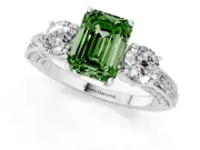 Fancy Green Emerald Cut Diamond Three-Stone Ring Set in Platinum with Round Side Stones and Pavé Band