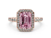 Fancy Pink Emerald Cut Diamond Halo Ring Set in Rose gold with Delicate Pavé Band and Prong Setting