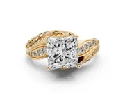 Princess Cut Diamond Solitaire Ring Set in Yellow gold with Layered Twist Pavé Band